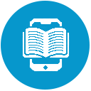 blue round icon with a smartphone and a book to indicate a digital guidebook