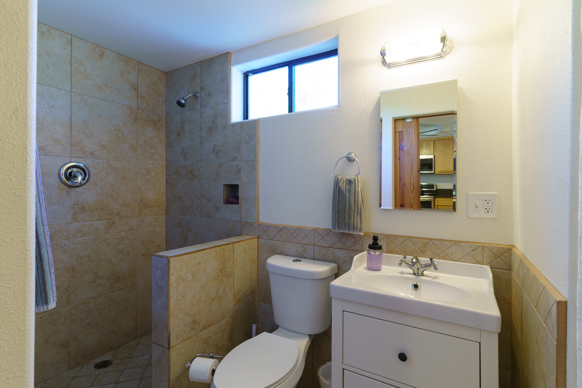 Bathroom with partially tile walls containing a small sink, toilet with push to flush buttons, and an open shower big enough to maneuver in.