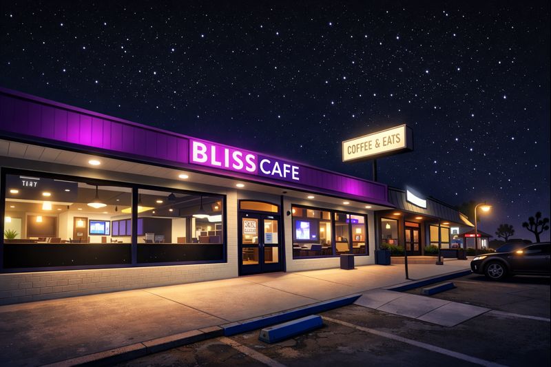 Illustrated Nighttime Exterior of Bliss Cafe in Joshua Tree, Showing the Glowing Purple Café Sign, Large Front Windows with Warm Interior Lighting, and a Quiet Desert Strip Mall Under a Star-filled Sky.