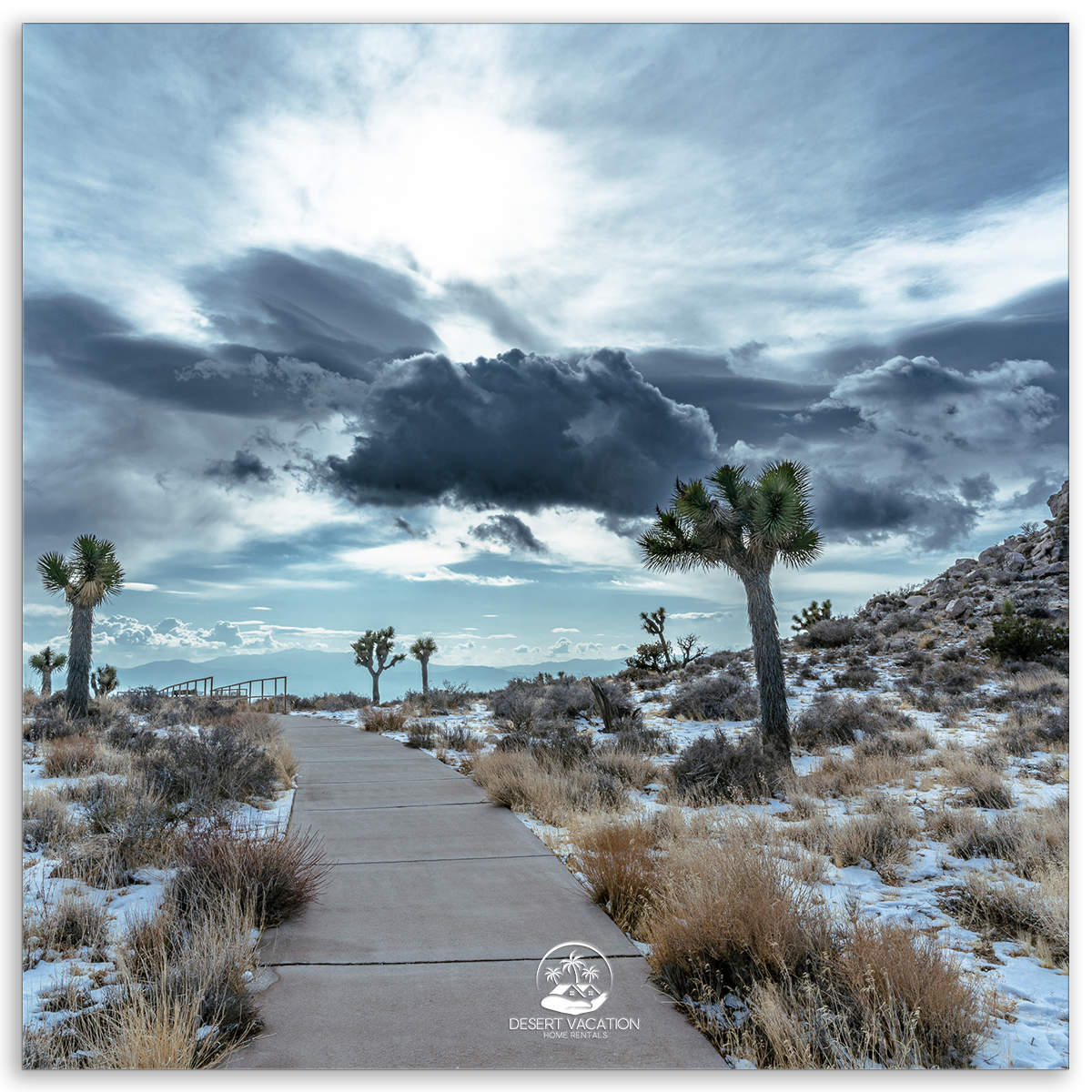 Paved, Wheelchair-accessible Walkway at Keys View in Joshua Tree National Park, with Joshua Trees, Light Winter Snow, and Dramatic Clouds Overlooking the Coachella Valley.