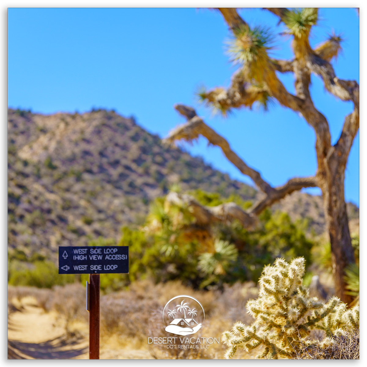 Trail Sign for the West Side Loop (high View Access) on the Black Rock Nature Trail in Joshua Tree National Park, with Joshua Trees, Desert Plants, and Mountain Views in the Background.