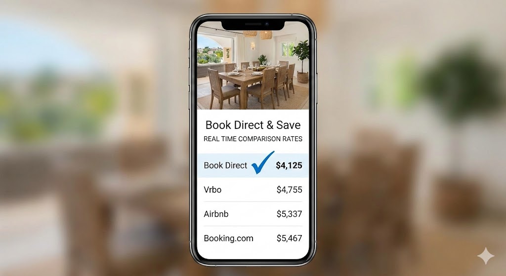Smartphone Displaying a “book Direct & Save” Comparison Screen, Showing Lower Pricing when Booking Casa Coyote Directly Versus Higher Rates on Third-party Platforms