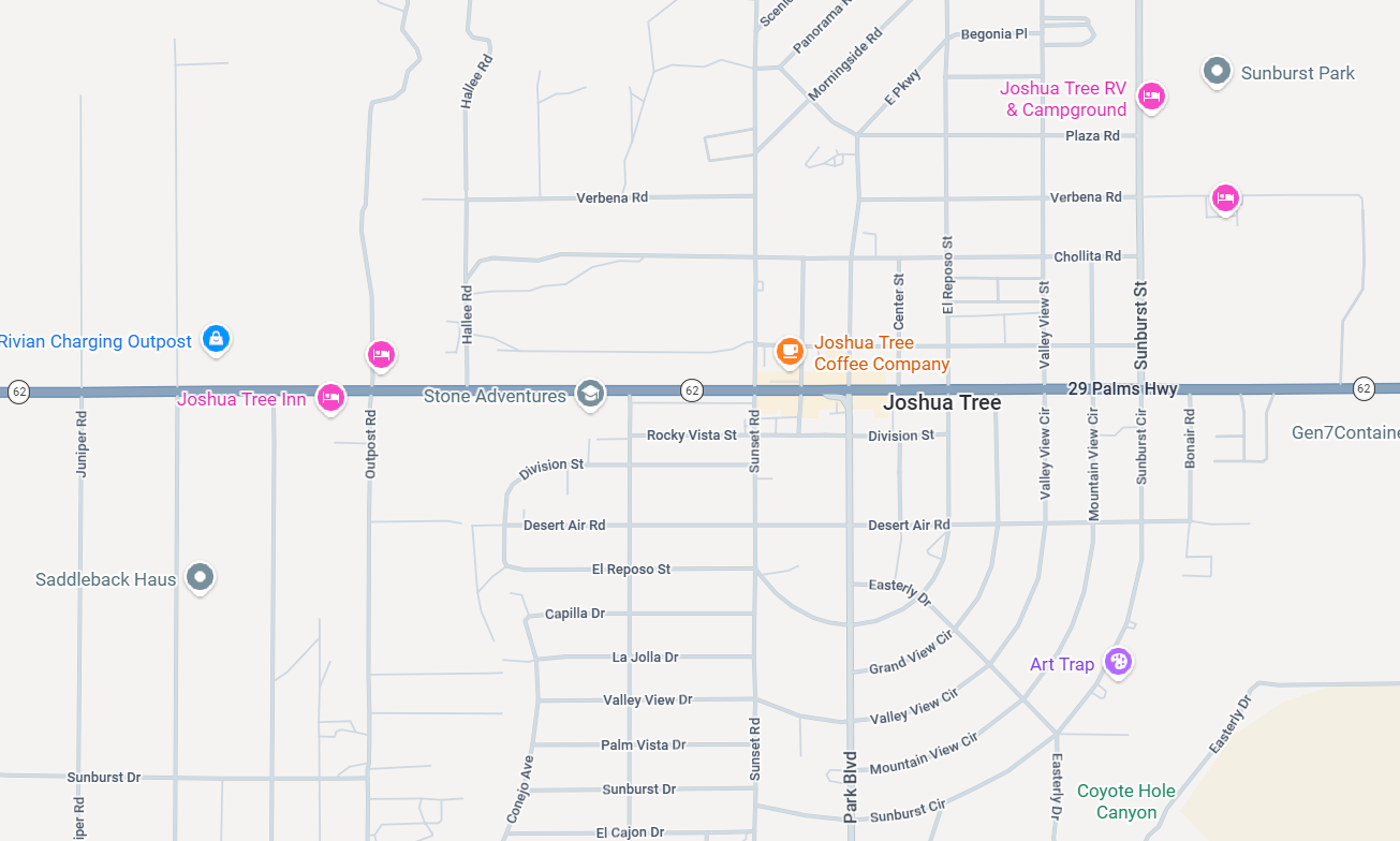 Map of Downtown Joshua Tree, California, Showing Highway 62, Joshua Tree Coffee Company, Nearby Hotels, Art Spaces, and Surrounding Streets and Landmarks.
