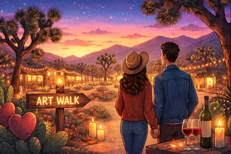 Illustrated Scene of a Couple Holding Hands at a Joshua Tree Art Walk at Sunset, with Glowing Galleries, String Lights, Joshua Trees, Candles, Wine Glasses, and a Star-filled Desert Sky Creating a Romantic Valentine’s Weekend Atmosphere.