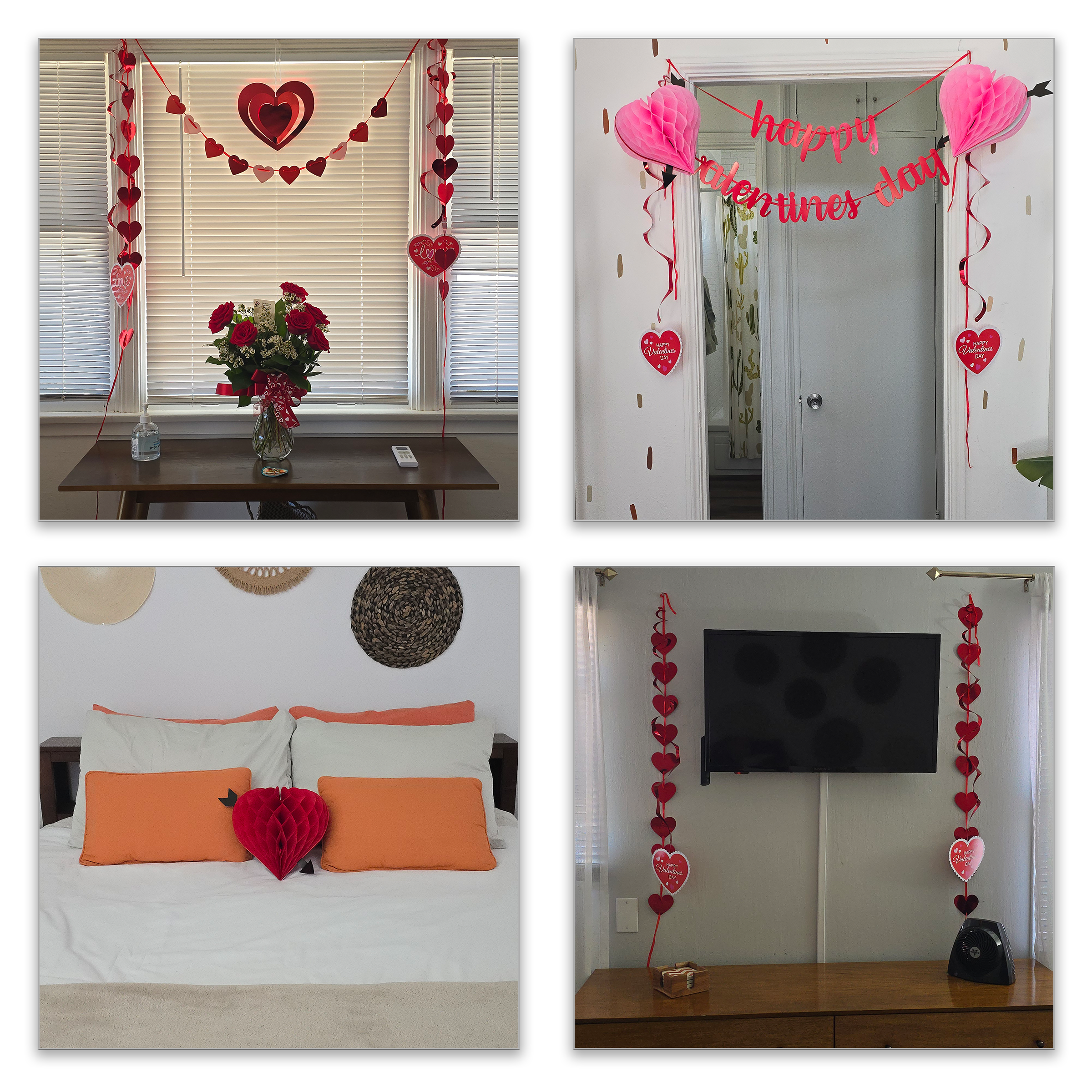 Collage of Vacation Rental Interiors Decorated with Valentine’s Day Touches, Including Heart Garlands, Fresh Flowers, Festive Banners, and Thoughtful Bedroom Details Prepared for a Special Occasion Stay