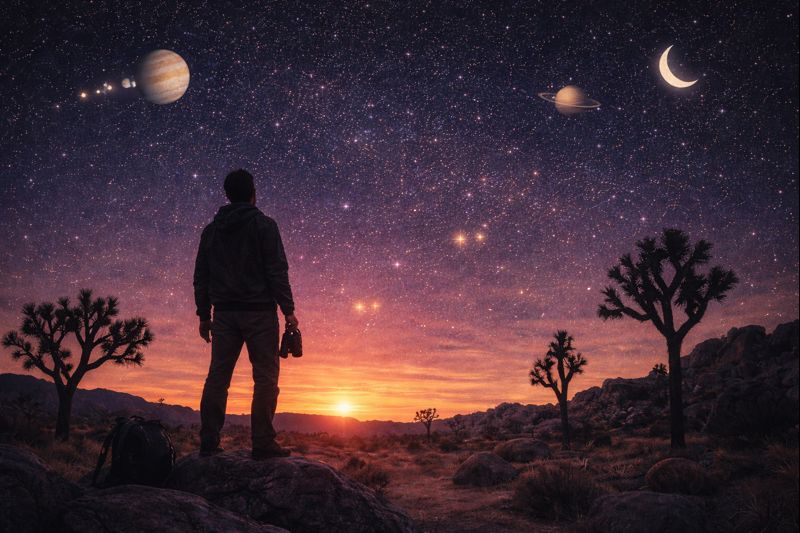 Photo-realistic Desert Night Scene in Joshua Tree Showing a Lone Person Standing on a Rocky Outcrop at Twilight, Holding Binoculars While Gazing at a Star-filled Sky with Visible Planets and a Crescent Moon Above Joshua Trees on the Horizon.