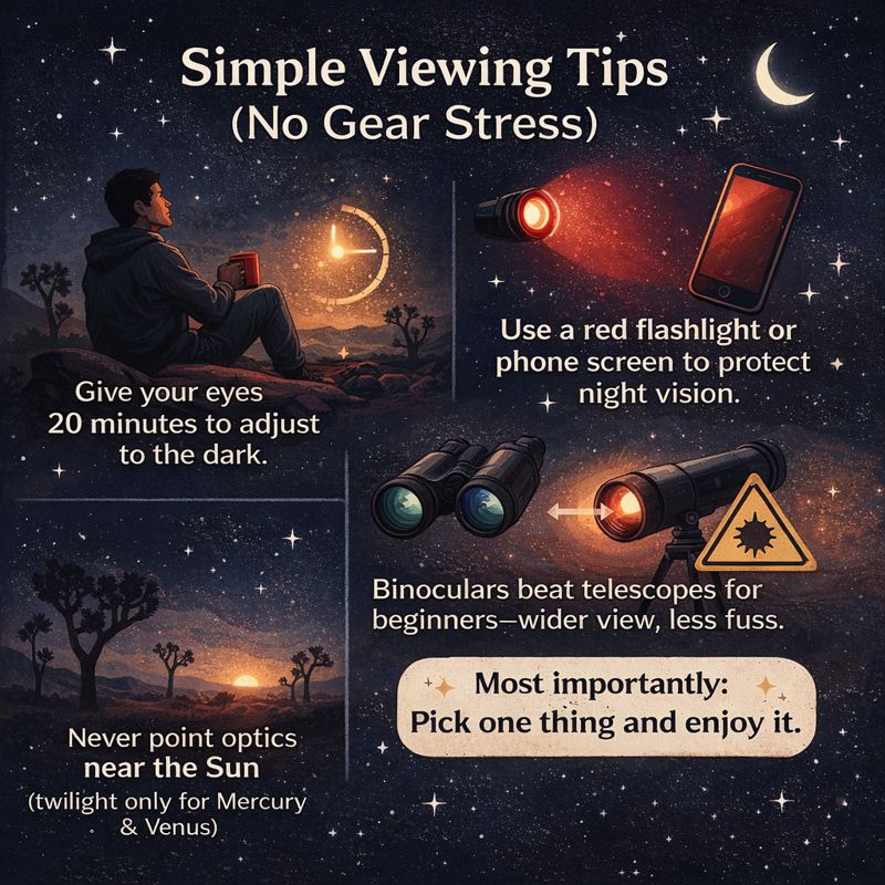 Square Illustrated Infographic with Simple Stargazing Tips Showing a Person Waiting for Eyes to Adjust to the Dark, a Red Flashlight and Phone Screen for Night Vision, Binoculars Compared to a Telescope, a Warning Not to Point Optics Near the Sun, and a Message Encouraging Viewers to Focus on One Night-sky Object and Enjoy the Experience.