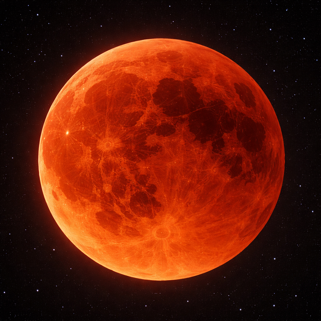 Close-up Photo Realistic Image of the Blood Moon 2026 During Totality, Showing a Deep Red-orange Lunar Surface with Visible Craters and Dark Maria Against a Black Star-filled Sky.