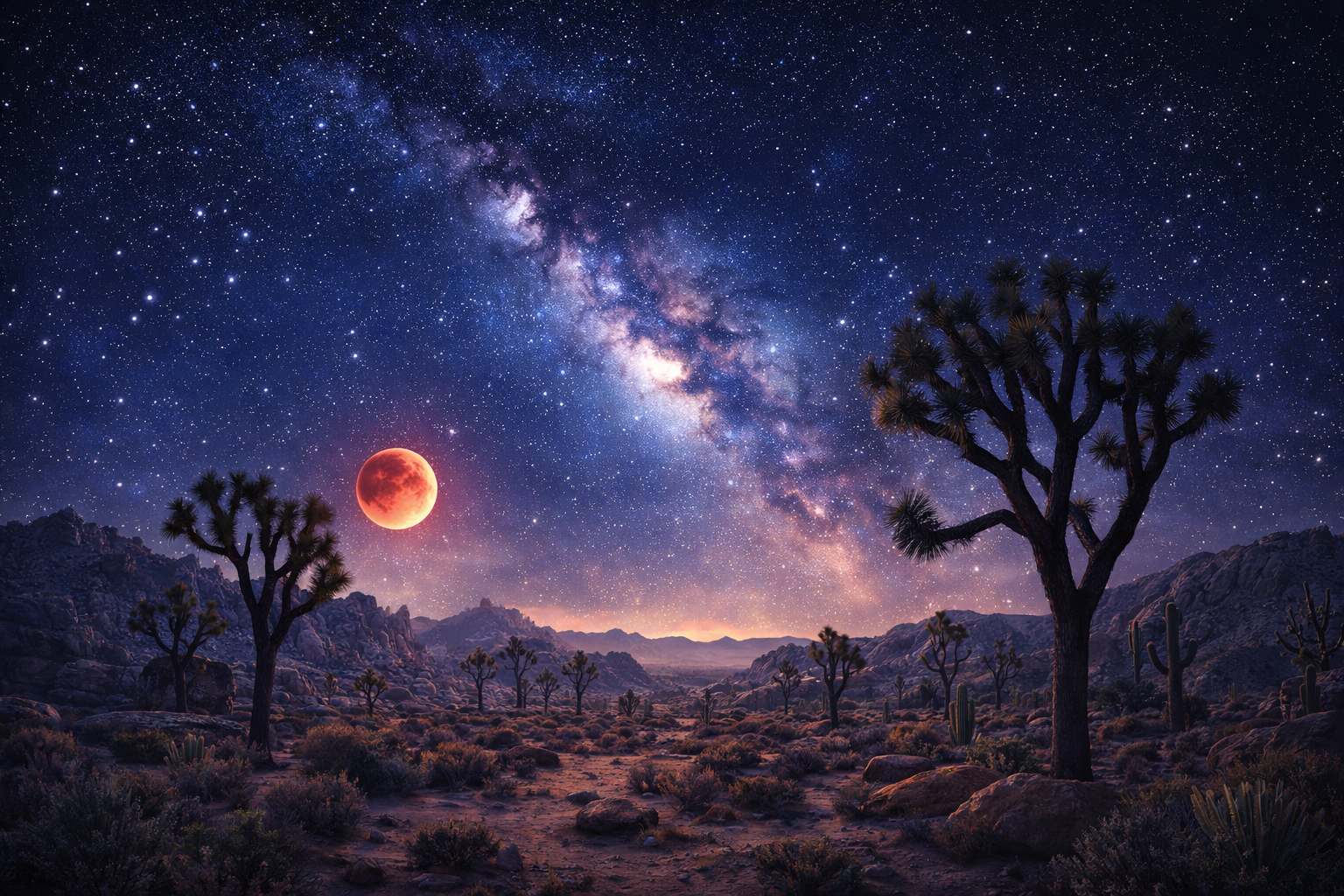Inviting Illustration of a Moonlit Joshua Tree Desert Landscape with Silhouetted Joshua Trees, Glowing Red Moon Near the Horizon, and the Milky Way Stretching Across a Star-filled Sky.
