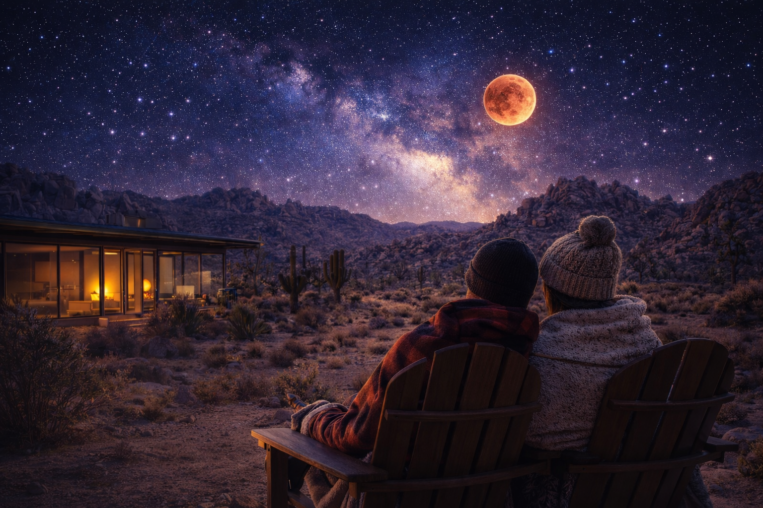 Couple Bundled in Blankets Sitting in Outdoor Chairs at Skelton House, Watching a Red Blood Moon Lunar Eclipse over the Rocky Desert Landscape of Joshua Tree Under the Milky Way.
