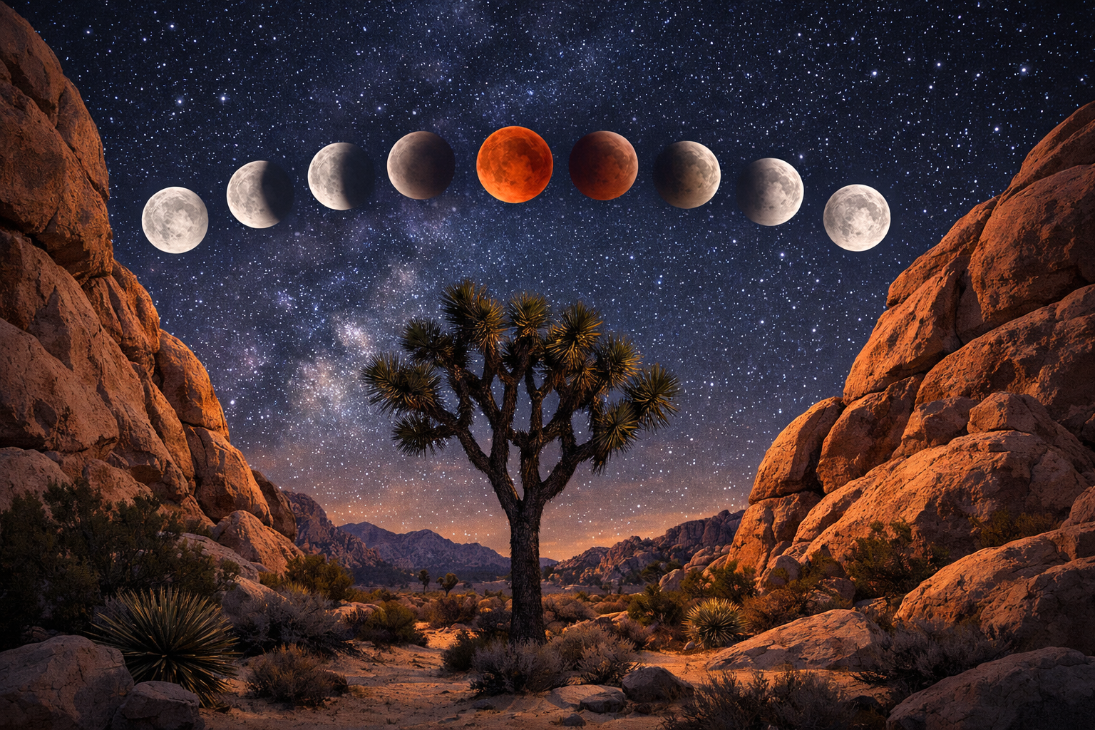 Illustration of Joshua Tree National Park with Two Large Rock Formations Framing a Joshua Tree, Showing Nine Stages of the Blood Moon 2026 Lunar Eclipse Across a Star-filled Desert Sky.