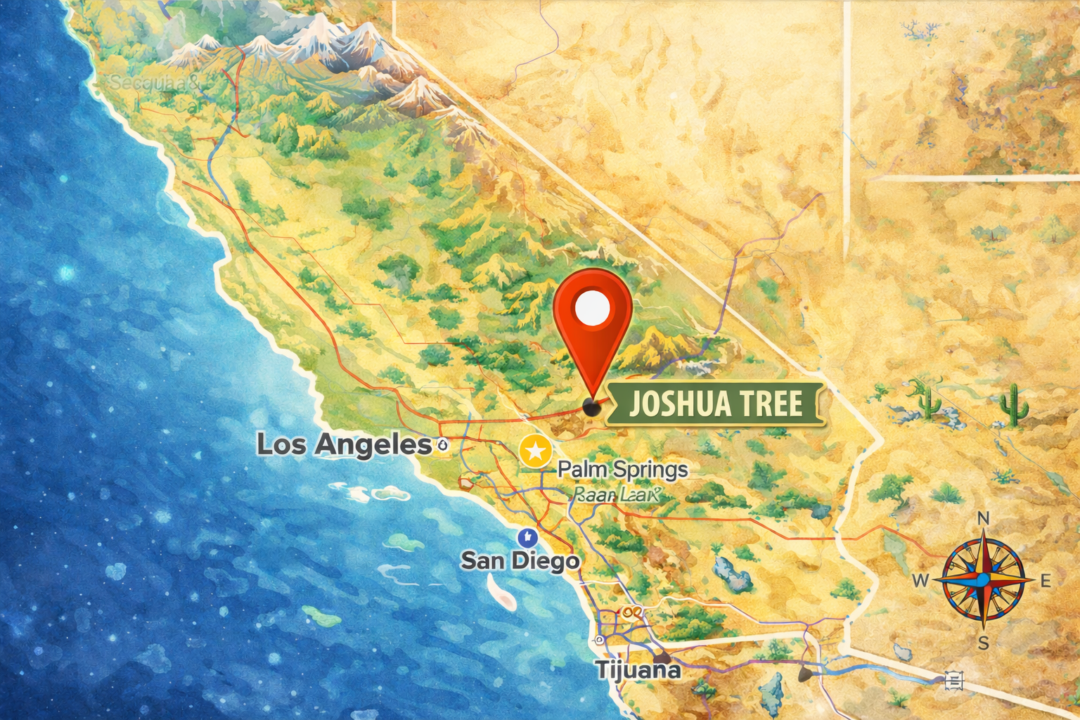 Colorful Illustrated Map of Southern California Highlighting Joshua Tree with a Red Location Pin Near Palm Springs, Showing Los Angeles, San Diego, Coastline, Mountains, and Desert Landscapes.